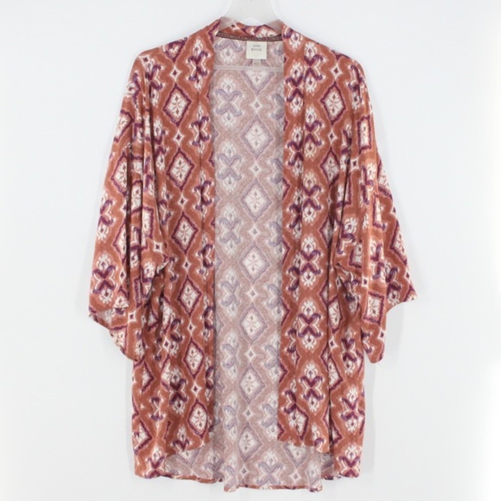 Knox Rose Kimono Cardigan Boho Ikat Print M/L Terracotta Purple